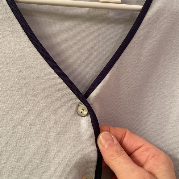 LL Bean Cardigan Sweater Pale Blue Lightweight Navy Trim Cotton Buttons WM SZ M - Picture 5 of 13